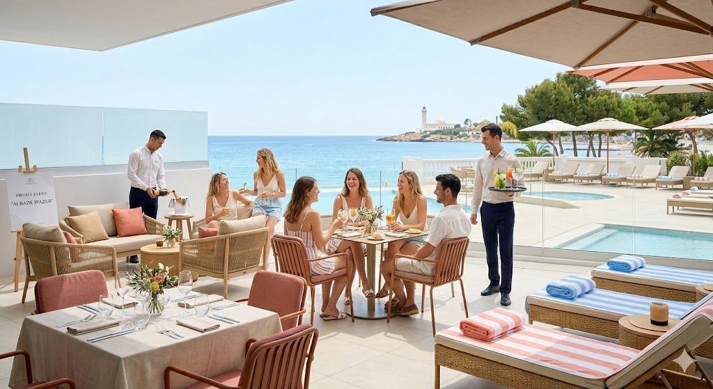 D�jeuner �v�nementiel en terrasse vue mer, Marina Baie des Anges H�tel, Villeneuve-Loubet, C�te d'Azur
