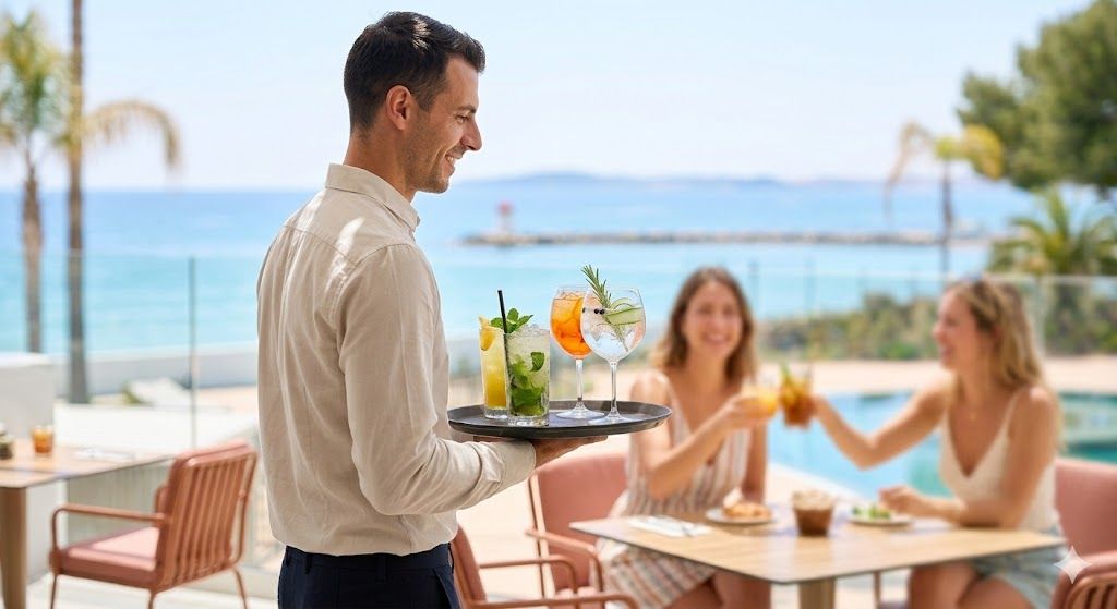 Service en terrasse NAPA Restaurant & Beach Club, cocktails vue mer, Marina Baie des Anges H�tel, C�te d'Azur